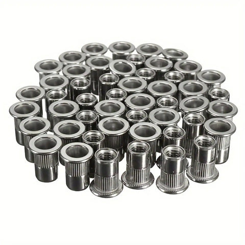 Assorted aluminum knurled nutserts from 165 Piece Metric Rivet Nut Kit Aluminum Flat Head Insert Nutsert Assortment M3 M4 M5 M6 M8 M10 M12 Knurled Body Rivnuts For Automotive Furniture And DIY Projects Rivnut Gun Not Included
