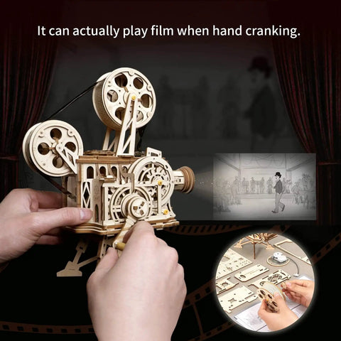 3D Wooden Puzzle Kit For Adults, 183 Piece Mechanical Model Build, Vintage Movie Projector Craft, Hand Crank Power, No Battery Required, Realistic Animations In Darkness, Sweet Gift For Adults 14 Plus, hand-crank wooden projector in use
