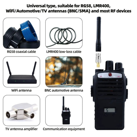 Pro Grade SMA To BNC Adapter Kit 12-Piece 50 Ohm RF Coaxial Connectors with cables, antenna, and communication device.