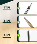 Heavy Duty 1/4 Inch Hex Shank Pocket Hole Drill Bit Plus 3/8 Replacement Step Bit With Depth Stop Collar For Jig System Master Kit shown in 3-step use