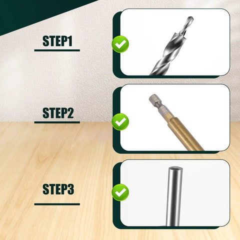 Heavy Duty 1/4 Inch Hex Shank Pocket Hole Drill Bit Plus 3/8 Replacement Step Bit With Depth Stop Collar For Jig System Master Kit shown in 3-step use