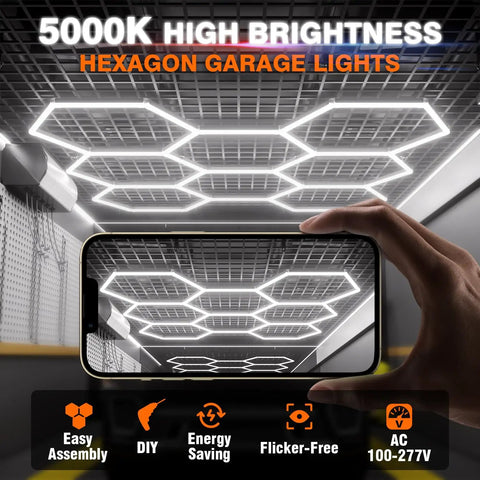 Eight Hexagon Garage Light With 350W 5000K Daylight LED, Modular Honeycomb Shop Light for detailing, workshop or home gym ceiling