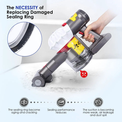 Vacuum cleaner V7 model showing cracked sealing ring, affecting suction, with Dust Bin Lid Replacement For Vacuum Cleaner V7 And V8 Models Durable Dust Bucket Cover Door Easy Snap On Fit High Quality Replacement Part For Smooth Emptying And Restore Vacuum Performance necessity highlighted.