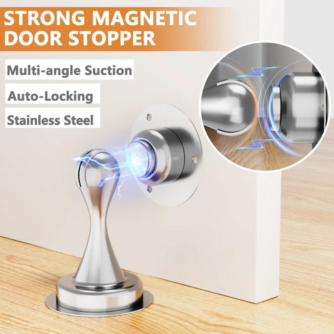 Two Pack Magnetic Door Stop For Bottom Of Doors With Stainless Steel Construction, Wall Or Floor Mount, No Drilling With 3D Adhesive Tapes Or Optional Screws, Silver Finish, Keeps Doors From Slamming And Protects Walls shown mounted on a door