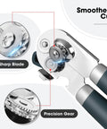 Heavy Duty Manual Can Opener With Magnetic Lid Opener And Carbon Steel Blade For Smooth Cutting, close-up of blade and gears.