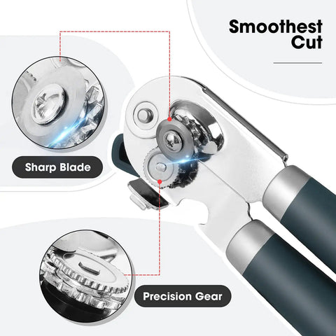 Heavy Duty Manual Can Opener With Magnetic Lid Opener And Carbon Steel Blade For Smooth Cutting, close-up of blade and gears.