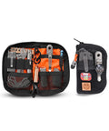 EDC Pouch With Ten Compartments Small Pocket Tool Organizer, open showing orange interior filled with multitools, compact size.
