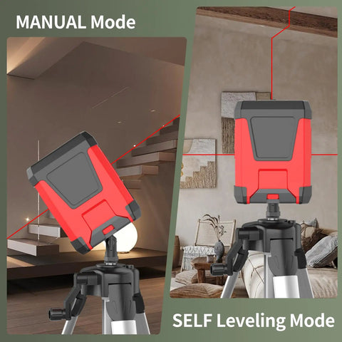 Self Leveling Cross Laser Level With Vertical And Horizontal Lines 360 Degree Rotation IP54 Waterproof For Indoor And Outdoor Picture Hanging Bright Class II Red Laser Lock Switch For Quick Alignment And Easy Setup in manual and self-leveling mode on tripod