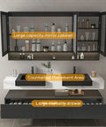 Slick Wall Mounted Double Sink Bathroom Vanity With Led Smart Defogger Mirror And Floating Shelf For Toiletries Modern White Black Finish 56 Inch showing large capacity mirror cabinet, countertop area, and storage drawer.