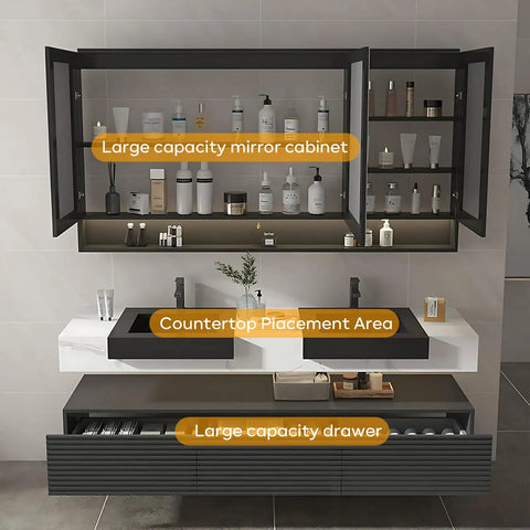 Slick Wall Mounted Double Sink Bathroom Vanity With Led Smart Defogger Mirror And Floating Shelf For Toiletries Modern White Black Finish 56 Inch showing large capacity mirror cabinet, countertop area, and storage drawer.