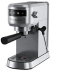 Straight Up Solid Steam Espresso Maker And Coffee Brewer With Handy Milk Frother And Cup Warmer 20 Bar Pressure Build Lightning Fast Heat Up Feature Heavy Duty Stainless Steel Countertop Sip Station close-up view.