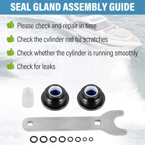 Seal Kit for Hydraulic Steering System Front Mount Cylinders With Wrench Included, bleed kit components displayed