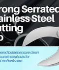 Close-up of serrated cutting edge on 7.5 Inch Crescent Style Coral Cutters Heavy Duty Pro Grade Medical Grade Stainless Steel Fragging Tool