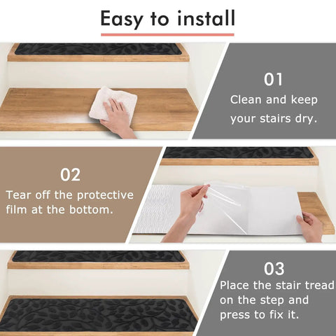 Installation steps for Indoor Non Slip Stair Treads 15 Pack 8x30 Inch Dark Gray Carpet Stair Runners for Wooden Steps.