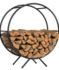 Heavy Duty 31-Inch Firewood Rack for Outdoor Use, circular powder-coated metal holder with stacked logs, rust-proof storage