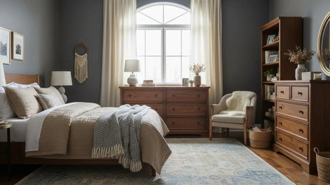 Cozy bedroom with a beige quilt, wooden furniture, and natural light illuminating the space.