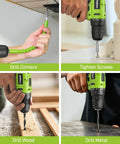 Hella Durable 299 Piece Tool Set With 12V Cordless Drill And Slick Hand Tools, Portable Toolbox With Drawer For DIY Repairs And Home Maintenance Kickin Storage Space Ready To Roll, showing drilling in wood and metal.