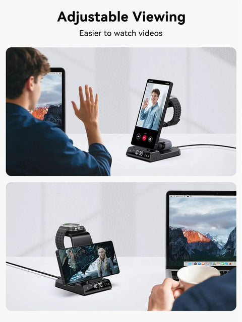 Three In One Wireless Charging Station With Clock For Galaxy S25 Ultra S24 Ultra displaying video call and movie on phone