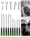 Front view of 10-piece precision pick and hook set with green and black handles for automotive seal removal and puller work.