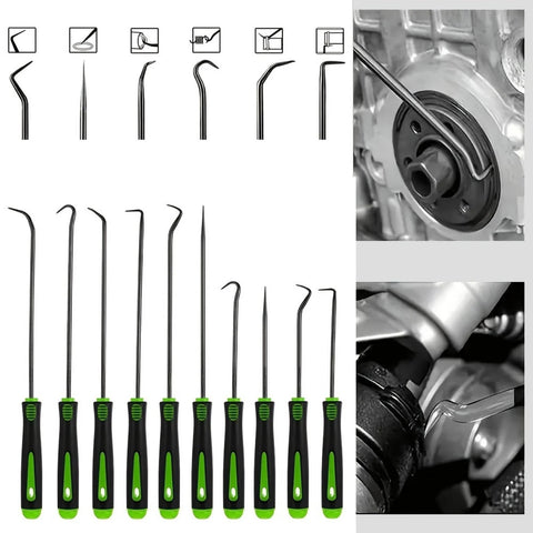 Front view of 10-piece precision pick and hook set with green and black handles for automotive seal removal and puller work.