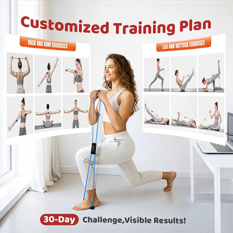 Woman using Figure Eight Resistance Bands Set for Arms and Chest Expander, home workout plan in background
