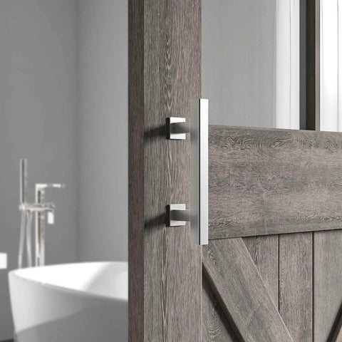 Heavy Duty 12 Inch Barn Door Handle Set With Flush Pull And Finger Pull, Solid Stainless Steel, installed on wooden barn door
