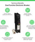 Dual Function 20 Amp Circuit Breaker With CAFI And GFCI, 1 Pole, 120V AC, 10kA Breaking Capacity, Plug In Mount, residential use