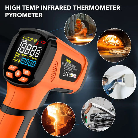Non Contact Infrared Thermometer Gun With Dual Laser And Thermocouple Probe, 50 To 1 Pyrometer, From -40F To 3632F, Adjustable Emissivity 0.1 To 1.0, Engine Kiln Forge Industrial Temperature Check, Shop Pro Grade Accuracy orange infrared thermometer gun on display for industrial heat checks