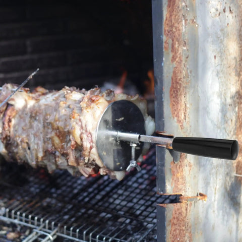 Revolving Handle Knob Grip For BBQ Grills And Woodworking Tools, attached to rotisserie, showing comfort grip in use.