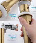 Details of Dope Pop Up Bathroom Sink Drain Stopper With Overflow For Vessel Sinks, Brushed Brass Finish, showing gasket and measurements