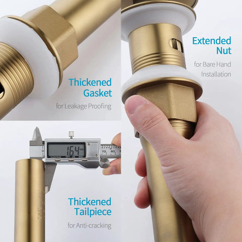 Details of Dope Pop Up Bathroom Sink Drain Stopper With Overflow For Vessel Sinks, Brushed Brass Finish, showing gasket and measurements