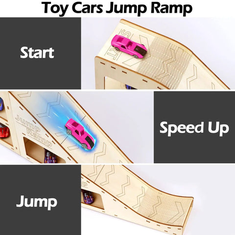 Wooden Toy Car Jump Ramp and Race Track Set for Hot Wheels and Diecast Cars, Sturdy Plywood Jump Ramp With Storage Box shown in use