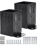 Heavy Duty 4x4 Wood Fence Post Anchor Base Kit Thick Steel With Black Powder Coat Built To Last Rust Resistant Tough As Nails Includes Wood Screws And Concrete Anchors For Set Of 2 Posts, showing two black steel anchors with screws and anchors.