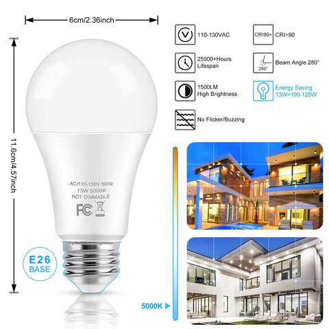 Diagram showing Best Value A19 LED Bulbs 100 Watt Equivalent 13W 5000K Daylight White 1500 Lumens Non Dimmable E26 Edison Screw 4 Pack with features and dimensions.