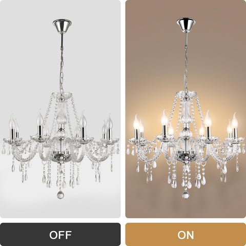Show Stopping Modern Elegant 10 Lights K9 Crystal Glass Chandelier Pendant Ceiling Lighting For Dining Room Living Room And Bedroom European Style Transparent Fixture Requires 10 E12 Bulbs Not Included, off and on view.