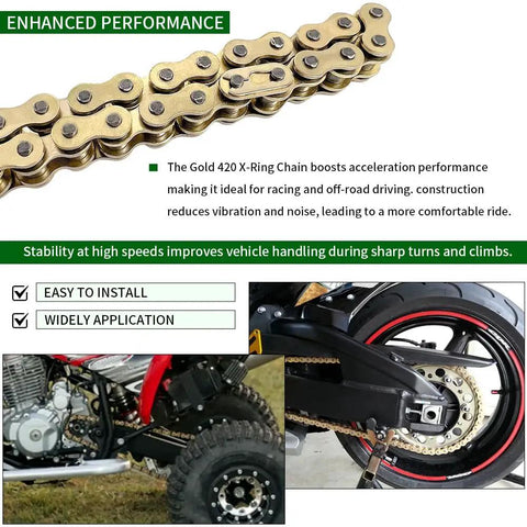 X Ring 420 Chain For Honda 116 Links With Master Link Universal Fit Gold Color Low Friction And Superior Seal Long Lasting O Ring Alternative For Smooth Shifts And Prolonged Chain Life To Beef Up Your Ride, gold motorcycle chain installed