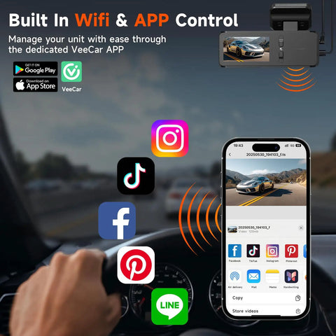 4K Front And Rear Dash Cam for Cars With Night Vision Dual Channel shown connected to a smartphone app in a car interior.