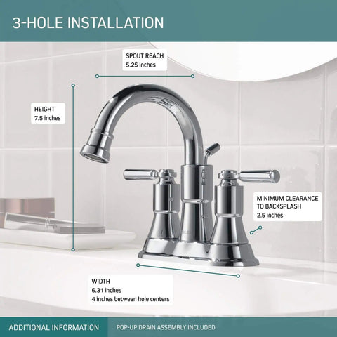Diagram of Westchester Centerset Chrome Bathroom Sink Faucet With Drain Assembly Included, showing measurements on 3-hole 4-in centerset.