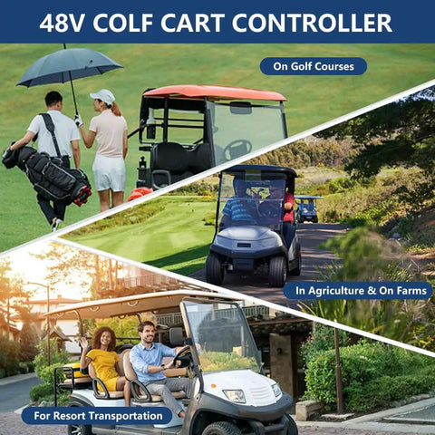 Plug And Play Golf Cart Controller 48V 400A Direct Replacement Easy Diy Install Smooth Speed Control For Star Ev Classic Electric Vehicles Direct Swap 0 To 5K Ohm Throttle Input Roll Like New With Basic Tools Only - shown in use on golf courses, farms, and resorts.