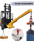 Heavy Duty Workhorse Forklift Jib Boom Crane With 11000 Lbs Capacity And Adjustable 94.5 Inch Telescopic Arm attached to a forklift lifting various loads.