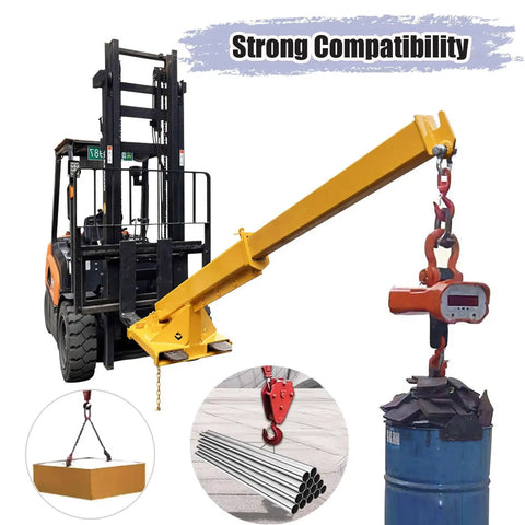 Heavy Duty Workhorse Forklift Jib Boom Crane With 11000 Lbs Capacity And Adjustable 94.5 Inch Telescopic Arm attached to a forklift lifting various loads.
