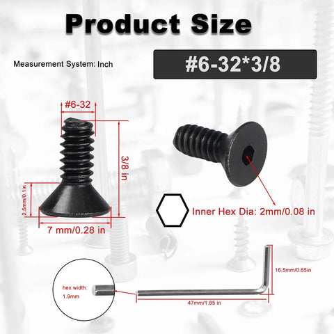 Heavy Duty Flat Head Socket Cap Screws Kit DIY Friendly Size Six Thirty-Two by Three-Eighths Ten Point Nine Carbon Steel Countersunk Hex Socket Fully Threaded Small Machine Screws for Sight and Scope Mounts with measurement details.