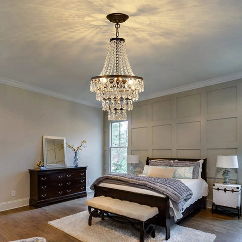 Bedroom with Three Light Crystal Chandelier Modern Adjustable Hanging Ceiling Light Fixture Black Pendant Lighting