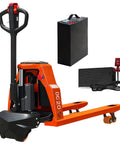 Front view of orange electric pallet jack with long forks; battery pack and charger visible