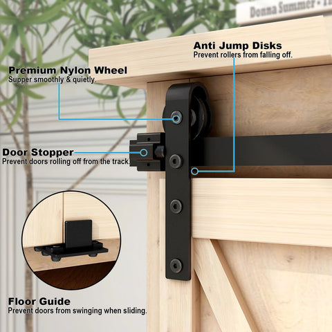 Close-up of 4 Foot Mini Bypass Barn Door Hardware Kit with anti-jump discs and nylon wheel on wooden cabinet door.