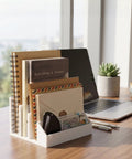Two Pack 3 Slot Mail Organizer For Desk Space Saving with notebooks and envelopes on an office desk near a laptop and plant