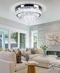 16 Inch Sleek Modern Crystal Chandelier Chrome Flush Mount Ceiling Light Fixture With Five Tiers Led For Dining Room Living Room Bedroom 6500K Cool White Energy Saving Chandelier in stylish living room setting.