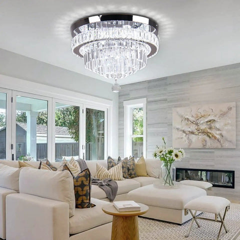 16 Inch Sleek Modern Crystal Chandelier Chrome Flush Mount Ceiling Light Fixture With Five Tiers Led For Dining Room Living Room Bedroom 6500K Cool White Energy Saving Chandelier in stylish living room setting.