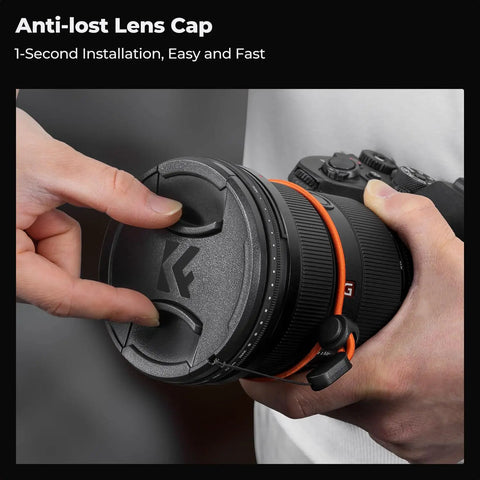 Hands attaching anti-lost cap on camera with 52mm Variable ND Filter For Cameras With 1 To 9 Stops Light Reduction Ultra Slim Profile 18 Layer Coatings To Cut Glare Includes Cap And Cleaning Cloth Ideal For Travel Video And Portraits ND2 Through ND400 Range