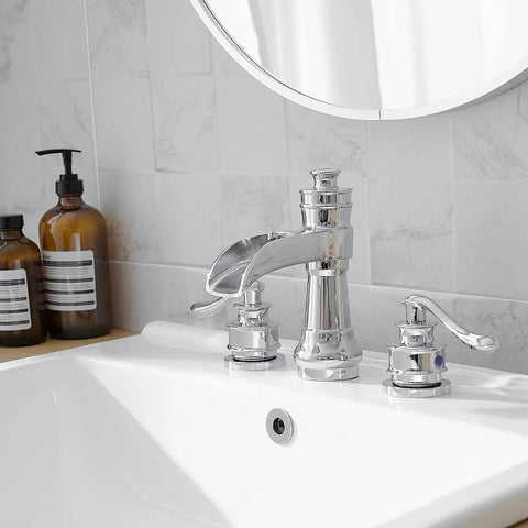 8 Inch Widespread Bathroom Faucet With 3 Hole Mount Two Handle Brass Waterfall Sink Faucet Polished Chrome in modern bathroom